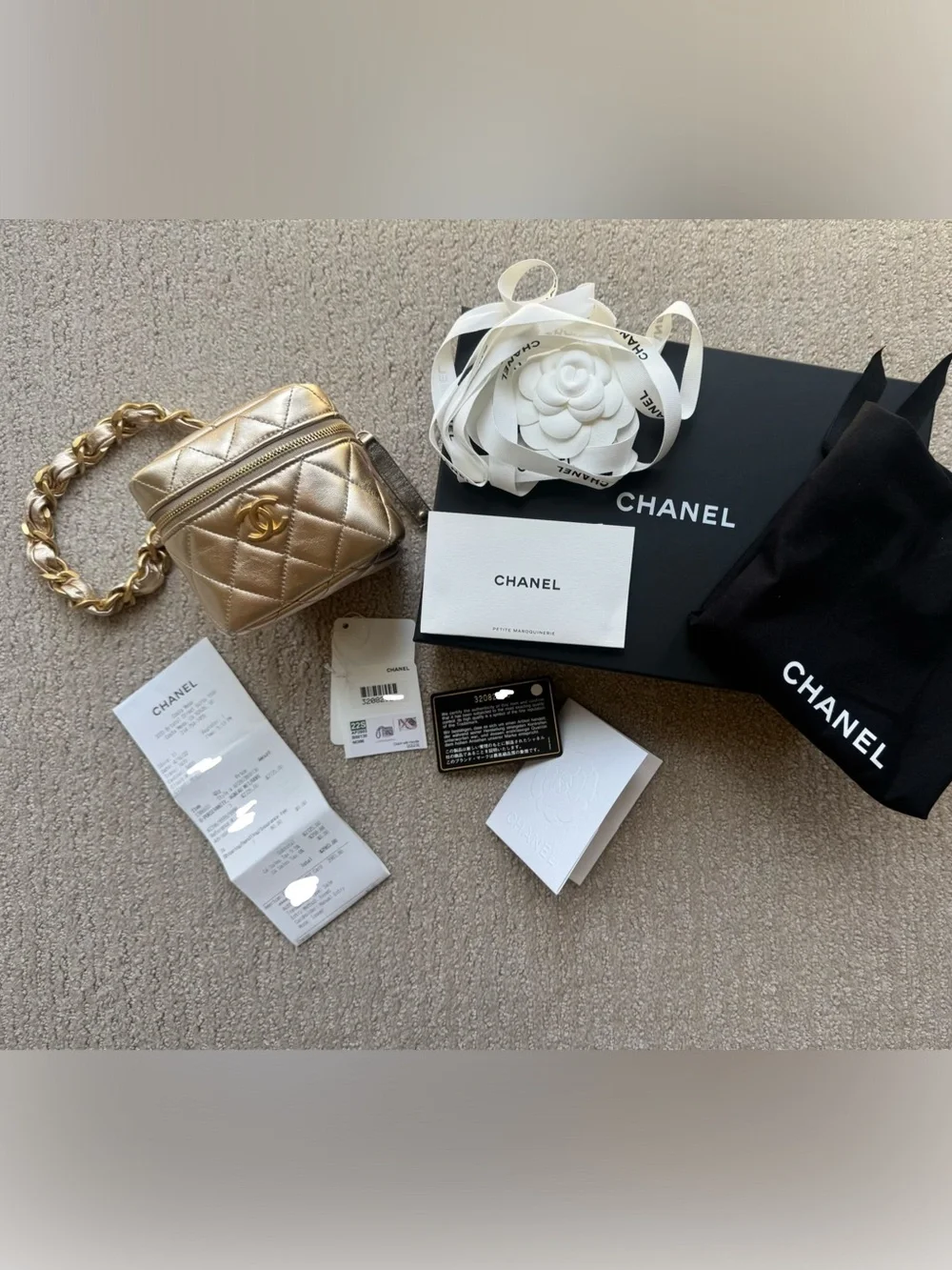 CHANEL Metallic Gold Quilted Mini Cube Vanity Bag with CC Logo, 22C collection